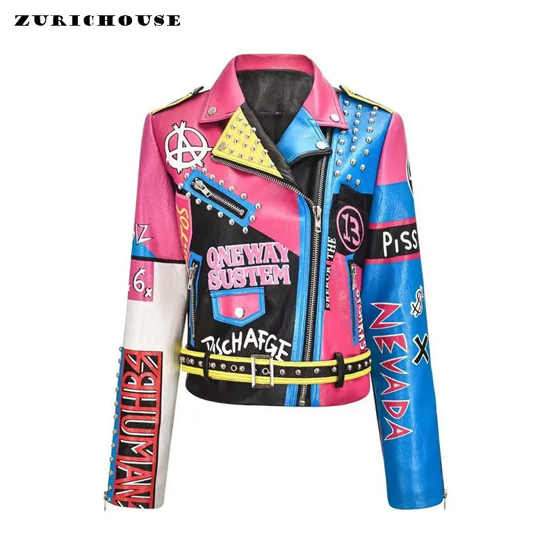 Punk Studded Motorcycle Leather Jacket for Women 2024 Trend Streetwear Graffiti Print Contrast Faux Leather Cropped Jacket