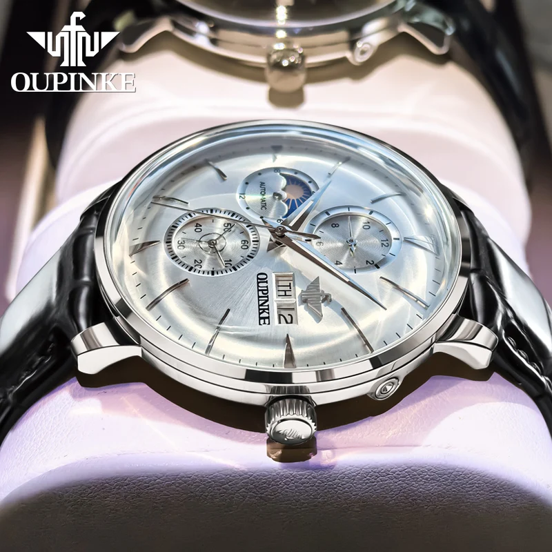 OUPINKE 3309 Automatic Watch Men Deep Waterproof Calendar Fashion Business Man Wristwatch Moon Phase Mechanical Watch For Men