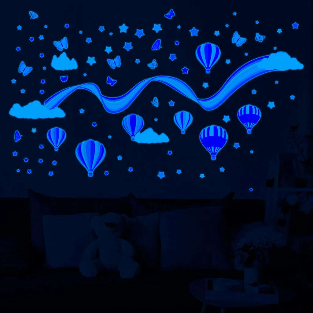 Cartoon Rainbow Cloud Hot Air Balloon Adesivi Murali Luminosi Per Baby Kids Rooms Nursery Home Decor Glow In The Dark Wallpaper