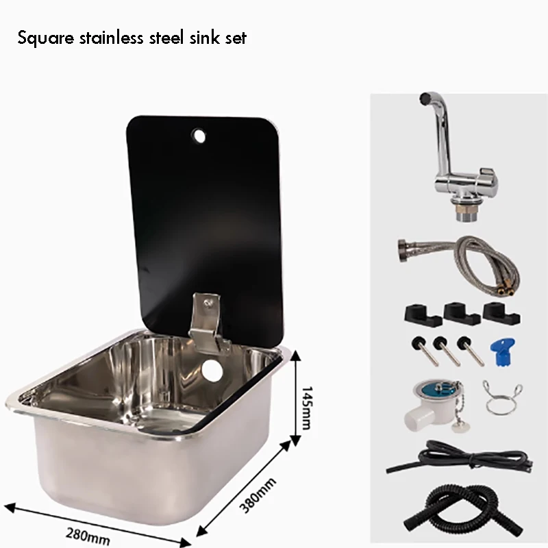 RV Sink RV Sink With Faucet for Caravan Round & Square Stainless Steel Hand Wash Basin Sink with Tempered Glass Lid Camper Accessories