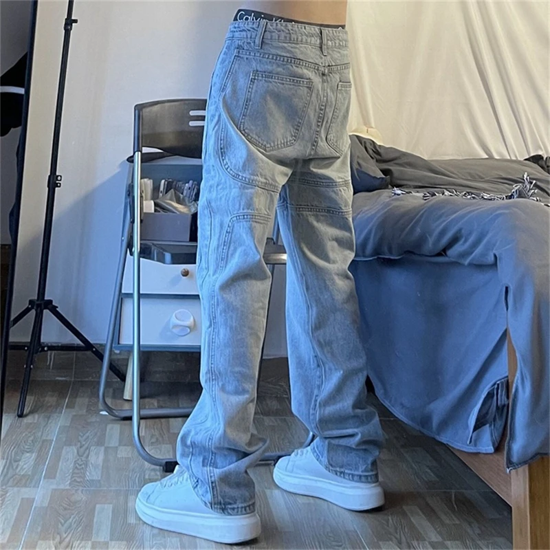 

Men's Jean Pants Tide Retro Straight Wide-Leg Blue Jeans Loose Casual High Street Denim Pants Male
