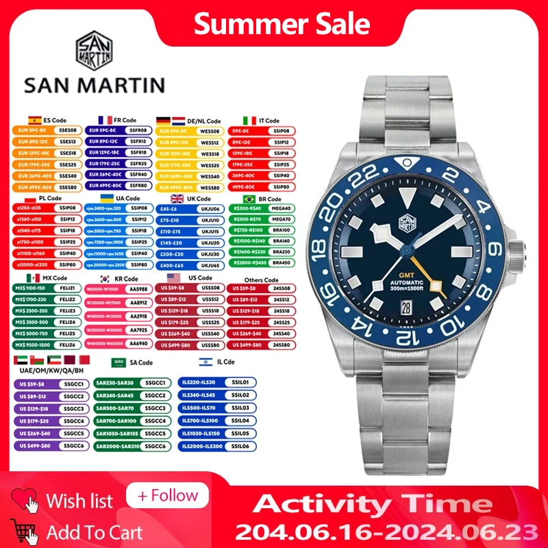 San Martin SN0121TC Titanium 39mm Watch NH34 GMT Automatic Movement Sapphire 24 Click BGW9 Luminous 30Bar Waterproof Watches