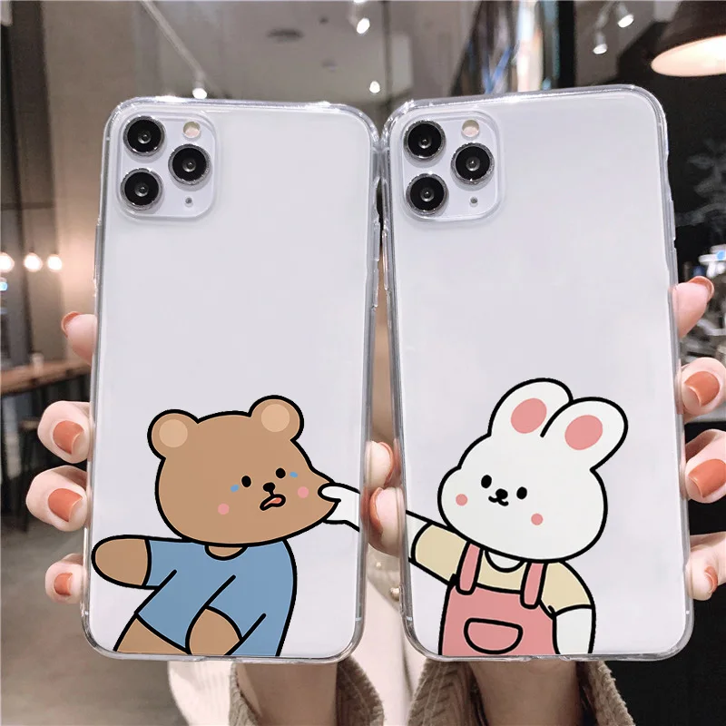 재미있는 곰 토끼 커플 휴대폰 케이스, 아이폰 15, 12, 11, 13, 14 프로 맥스, 미니 X, XS, XR, 8, 14 플러스, SE, 투명 연인 커버