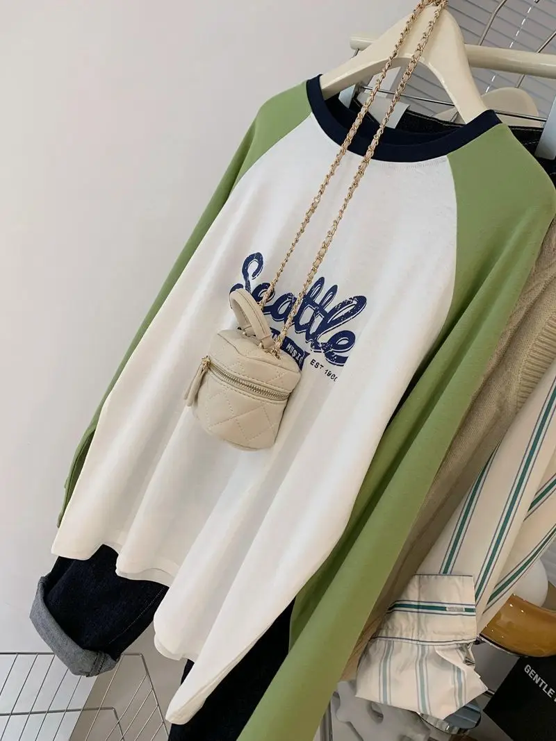 

Pure cotton long-sleeved T-shirt women's spring autumn Korean style new loose large size raglan sleeve slimming top aesthetic