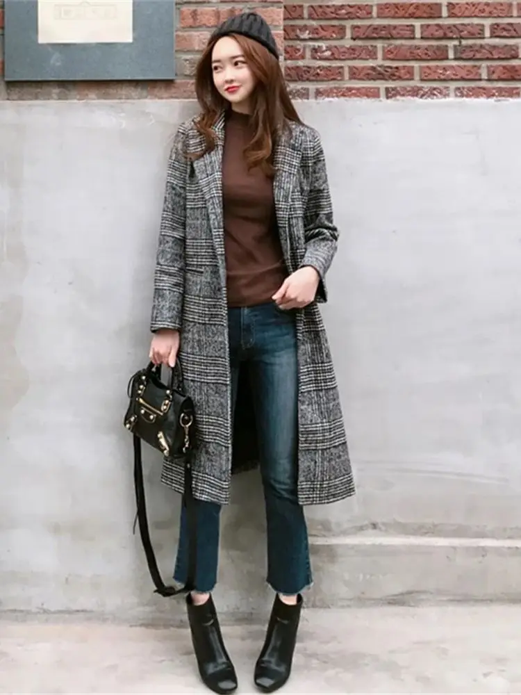 

2023 Spring Autumn Women's Plaid Coat New Fashion Long Slim Type Female Winter Woolen Jackets Outwear