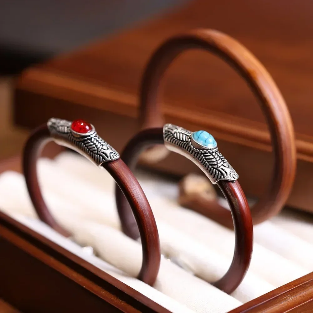 Bangle Bracelet Natural Chicken Blood Vine Adjustable Bangles Vintage Couple Set Cat's Eye Stone Opening Knotless Wooden