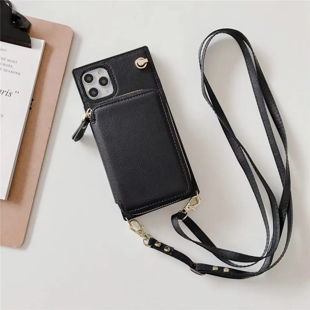 Elegant Zipper Wallet Crossbody Leather Case with Long Lanyard