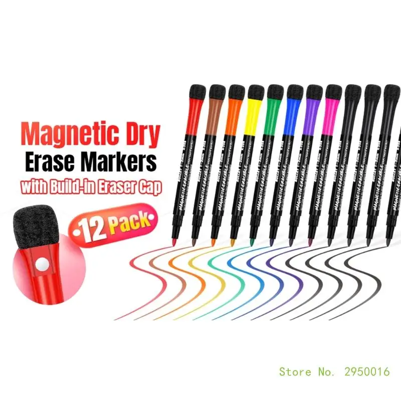 

12 Assorted Colors Dry Wipe Pen Magnetic Markers Pen with Eraser, Dry Erases Pen Whiteboard Pens Dry Erases Marker Pens