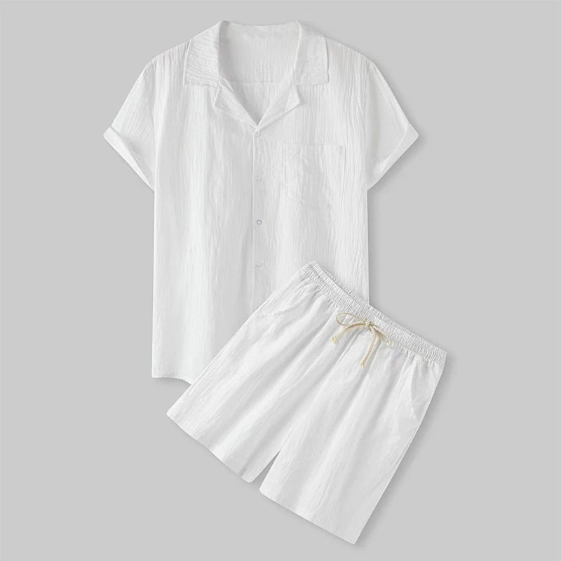 Summer Men's Casual Short-sleeved Shorts Suit Solid Color Lapel Button Pocket Shirt+elastic Drawstring Shorts Sports Suit 3