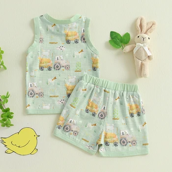 Cute Baby Boy Outfit Set with Tractor Print Tank Top and Elastic Waist Shorts Farm Animal Theme Toddler Clothes 4