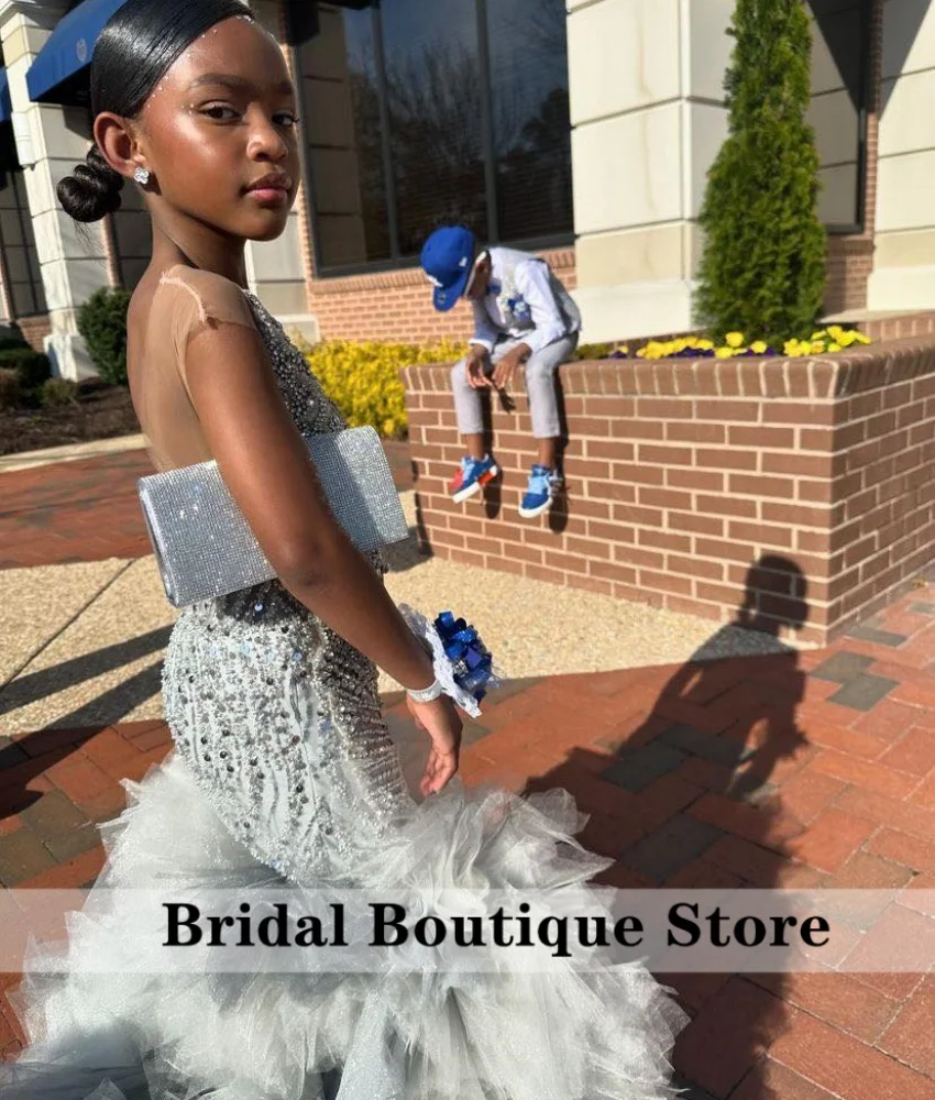 Glitter Silver Flower Girls Floral Appliqu&eacute; Satin Formal Dress For Weddings Mermaid Gown Luxury Bead Crystals Diamonds Ruffles Tiered Gown Customized