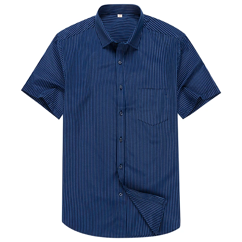 Men Summer Vertical Striped Short-sleeved Cotton Shirt Single-breasted Square Collar Shirt Left Chest Pocket