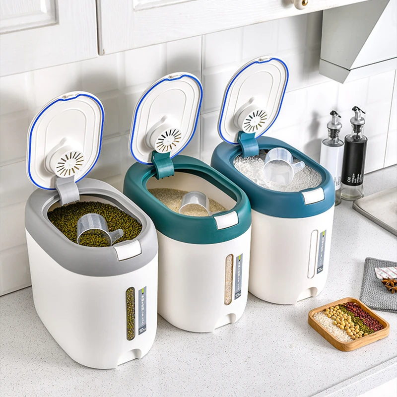 Dispensador de arroz de 10KG, organizador de Cocina y contenedor de almacenamiento, caja para el hogar, tarros de cereales, Botes de Cocina, almacenamiento de Alimentos