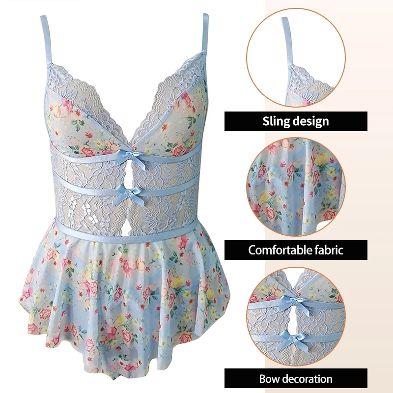 Summer Women's Lace Hollow V-Neck Suspender with Backless Sexy Printed Suspender for Women Nightdress women lingerie women bodysuit sleep wear set