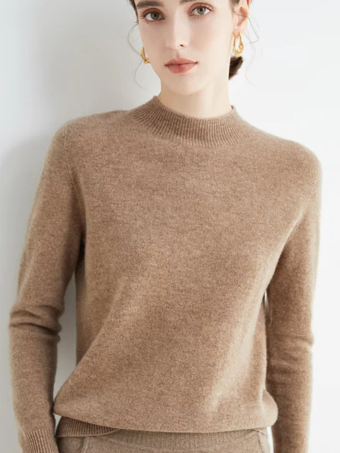 Fashion Basic Spring Autumn Merino Wool Sweater Mock-Neck Cashmere Pullover Solid Color Soft Long Sleeve Basic Clothing Tops 2