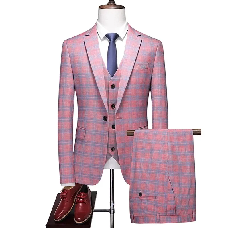 

2023 Fashion New Men's Leisure Boutique Plaid Business Banquet Dress Blazers Jacket Coat Pants Vest Trousers 3 Pcs Suit Set