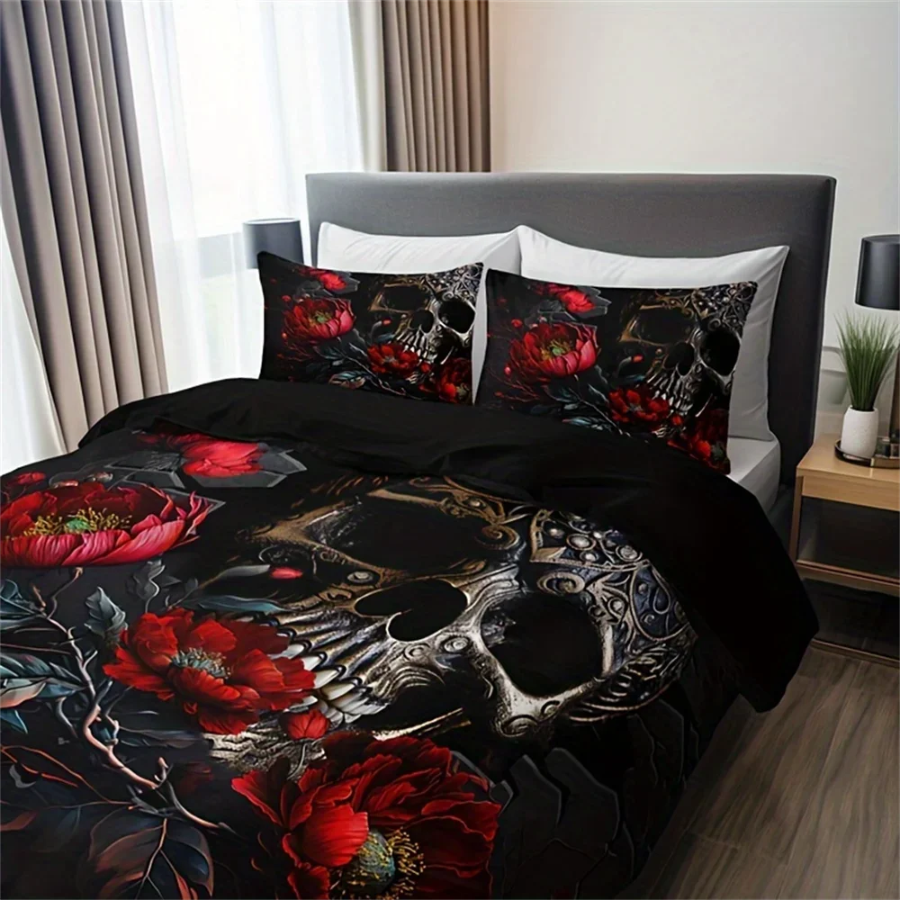 3-Piece Gothic Skull Floral Duvet Cover Set - Soft Breathable HD Printing Bedding for Home Dorm Decor - Halloween Themed, Comfor