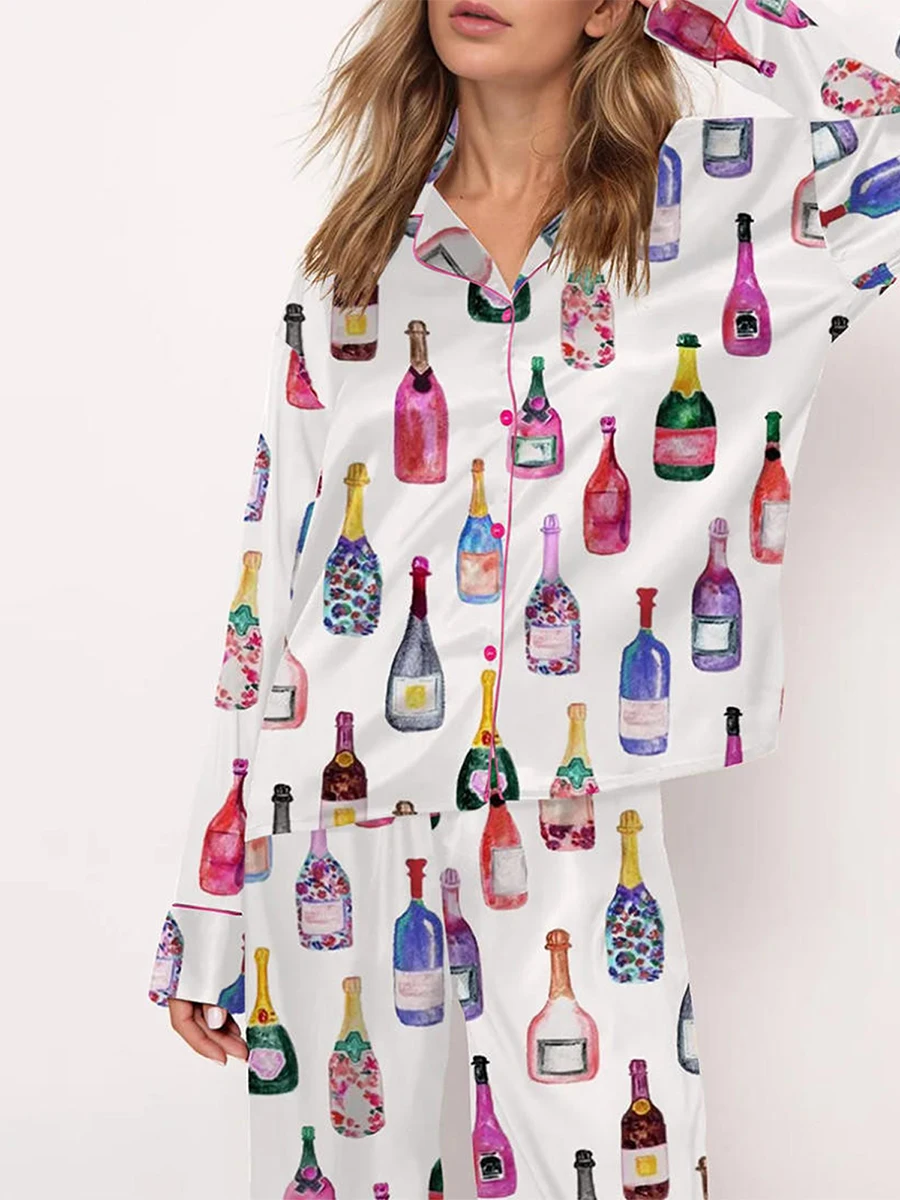 Women Pajamas Set Champagne Print Button Down Pj Top and Lounge Shorts Sets Loose Loungewear Sleepwear