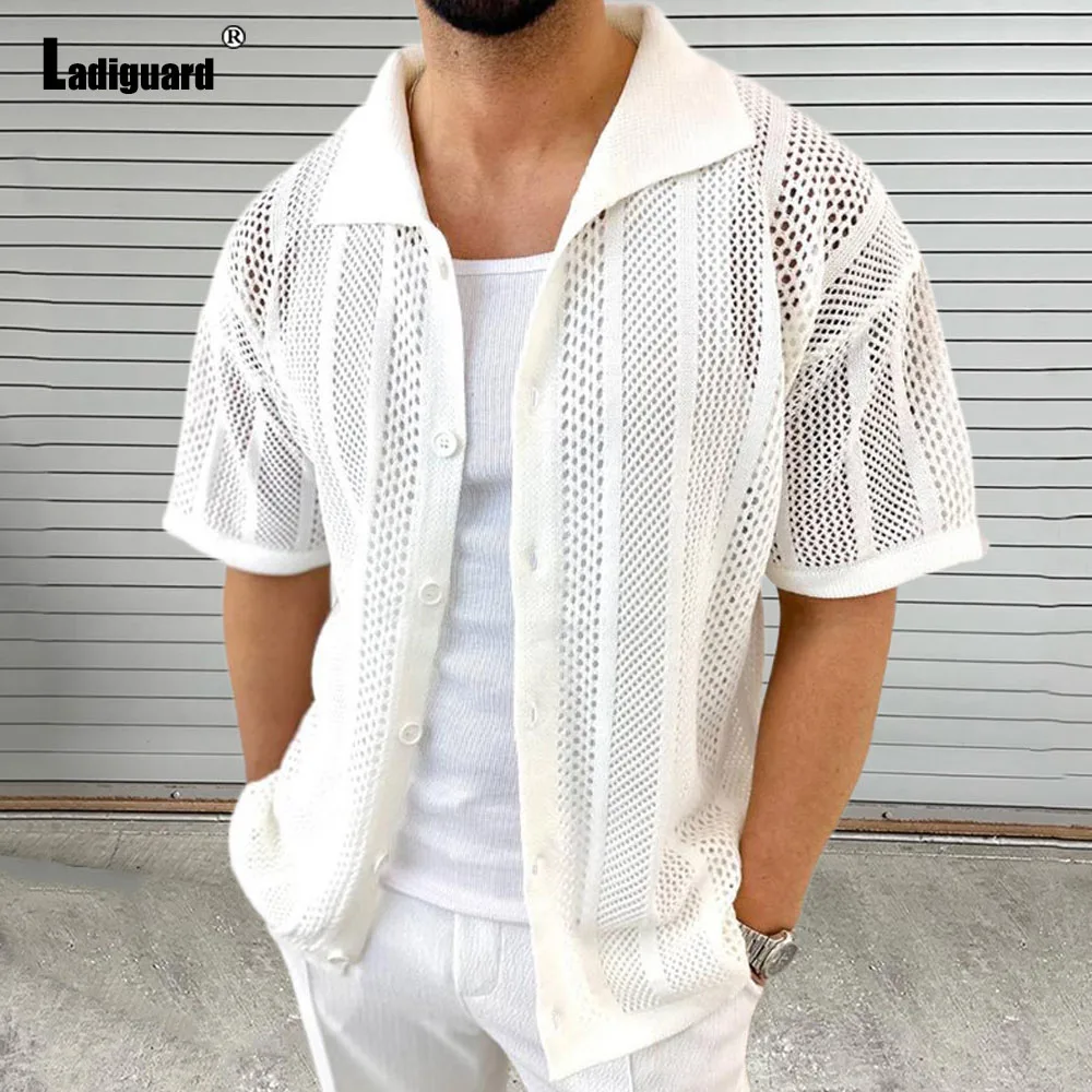 

Ladiguard 2024 Summer New Knitting Blouse Solid White Transparent Shirt Camisa Mens Beach Top Cardigans Lepal Collar Knitwear