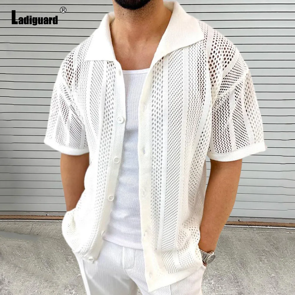 Ladiguard Summer New Knitting Blouse Solid White Transparent Shirt Camisa Mens Beach Top Cardigans Lepal Collar Knitwear