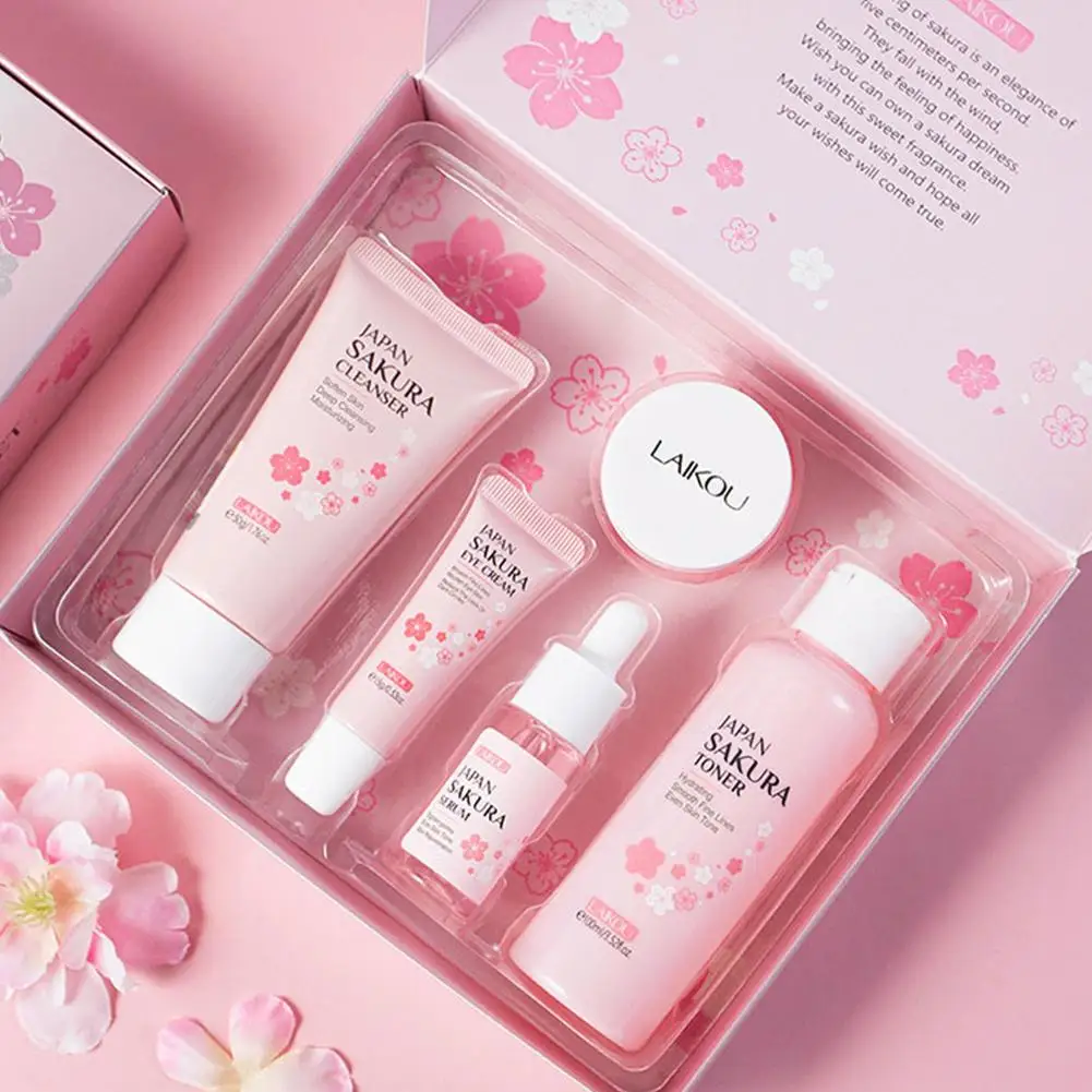 Sakura Skin Care Set - Cleanser Serum Eye Cream Facial Cream  Sunscreen Travel Kit for Women