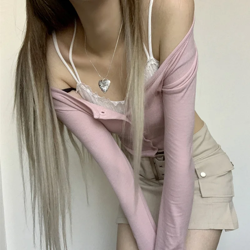 여성용 한국 카와이 핑크 니트웨어, 페어리코어 그런지 Y2K 가디건 티셔츠, 긴팔 단추 업 슬림핏 크롭탑, 가을 스트리트웨어