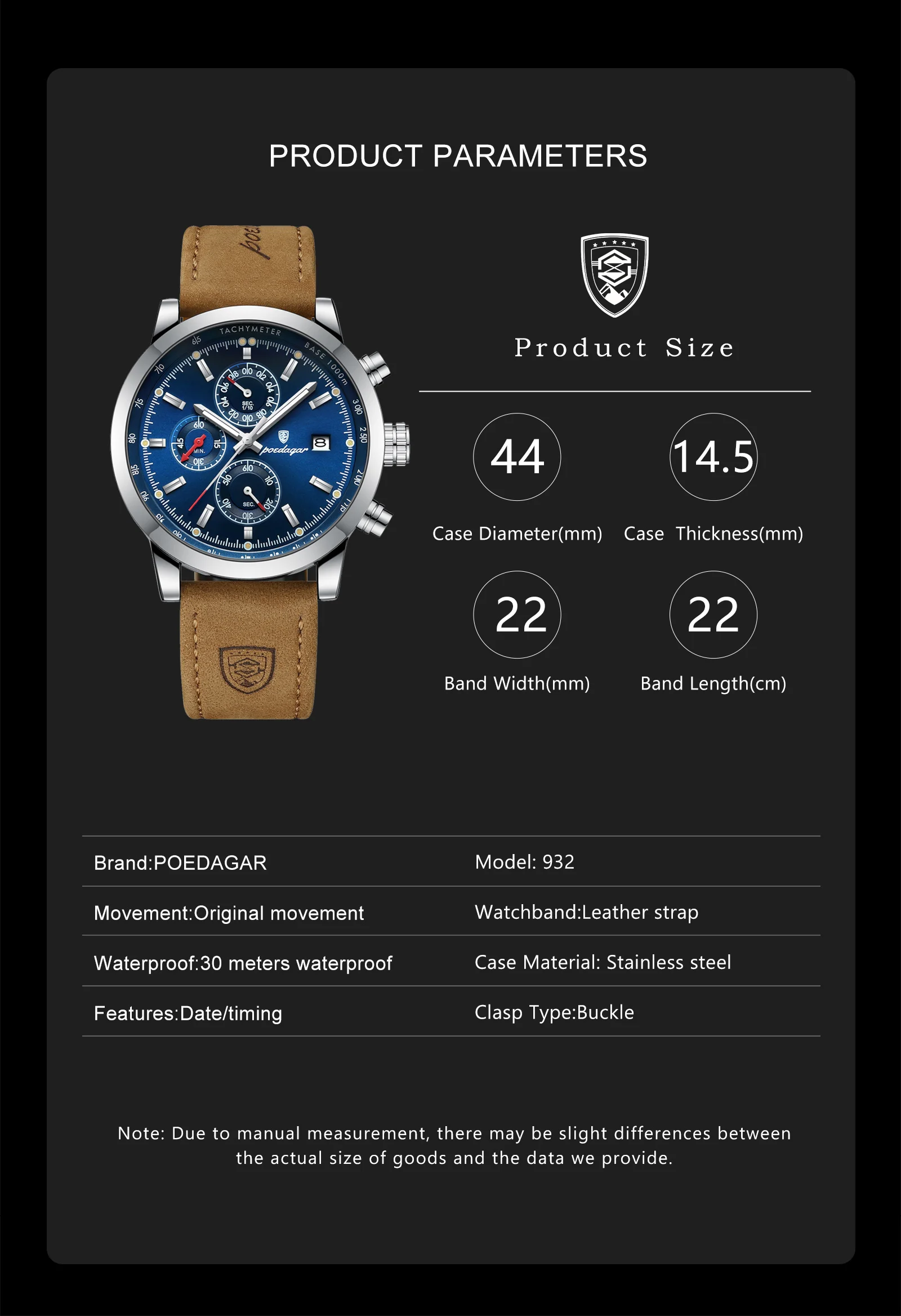 POEDAGAR Funktionale Herren-Armbanduhr mit Datum, wasserdicht, leuchtend, Chronograph, Leder, Quarz, Militäruhr + Geschenkbox_voghion.com