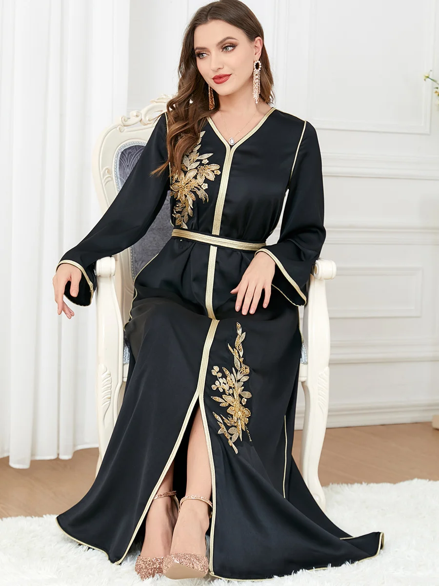 

Elegant Muslim Dress Women Abaya Belted Embroidery Split Morocco Party Dress Kaftan Turkey Arab Long Robe Vestidos Dubai Dresses