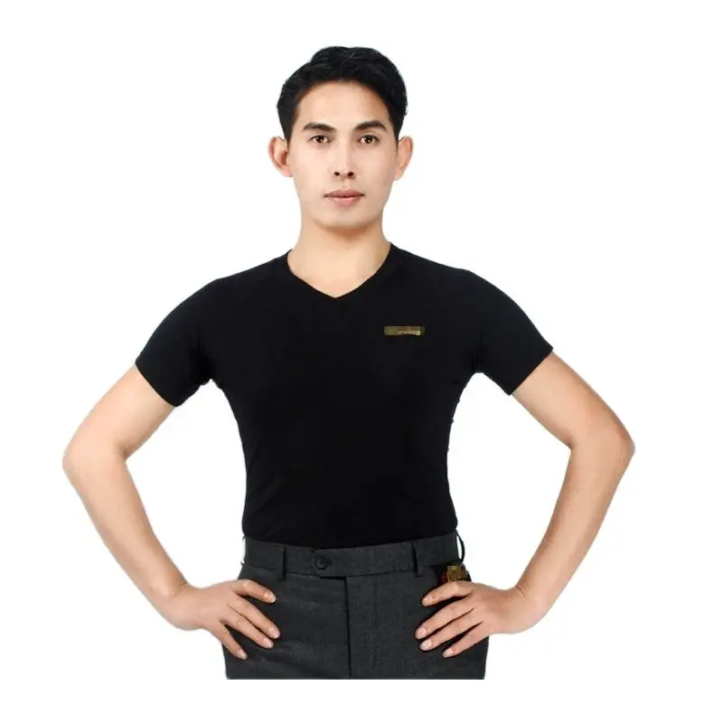 

2023 Men's Latin Dance Tops Costume Adult Latin T shirt V Round Neck Short Sleeve Modern Standard Black Wear Comfortable Clothin