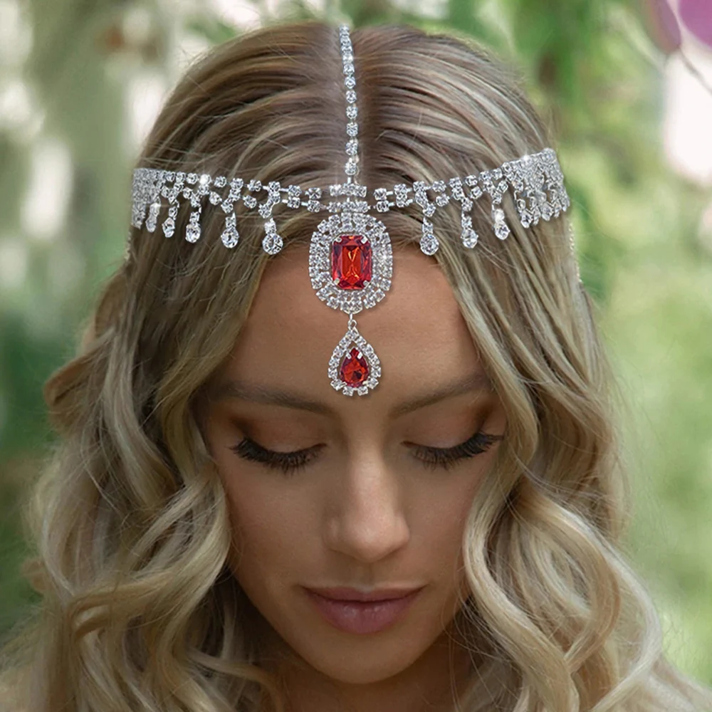 Stonefans Boho Red Crystal Headband Hair Chain Women Water Drop