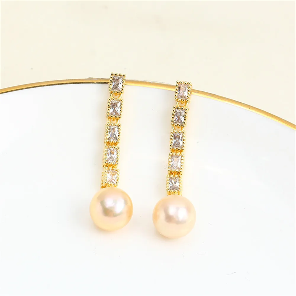 Domestic 14k Gold Plated Color Preserving Square Zircon Pearl Long Vertical Earrings and DIY Accessories