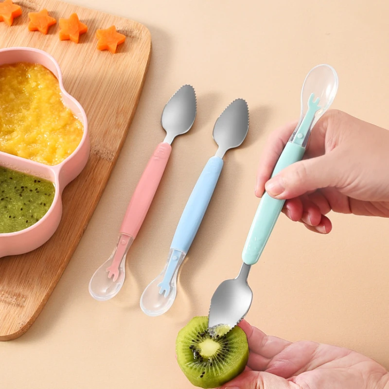 Baby Cutlery Stainless Steel Baby Cutlery Silicone Double Head Scraping Fruit Puree Spoon Complementary Food Spoon