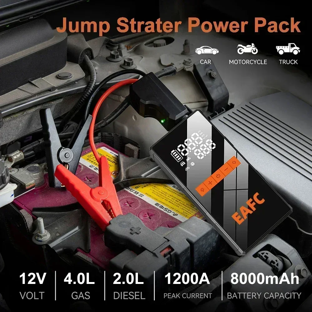 EAFC Portable Car Jump Starter With Tire Inflator LCD Screen 1200A Booster Charger Car Battery Starting Devi 150PSI Air Pump