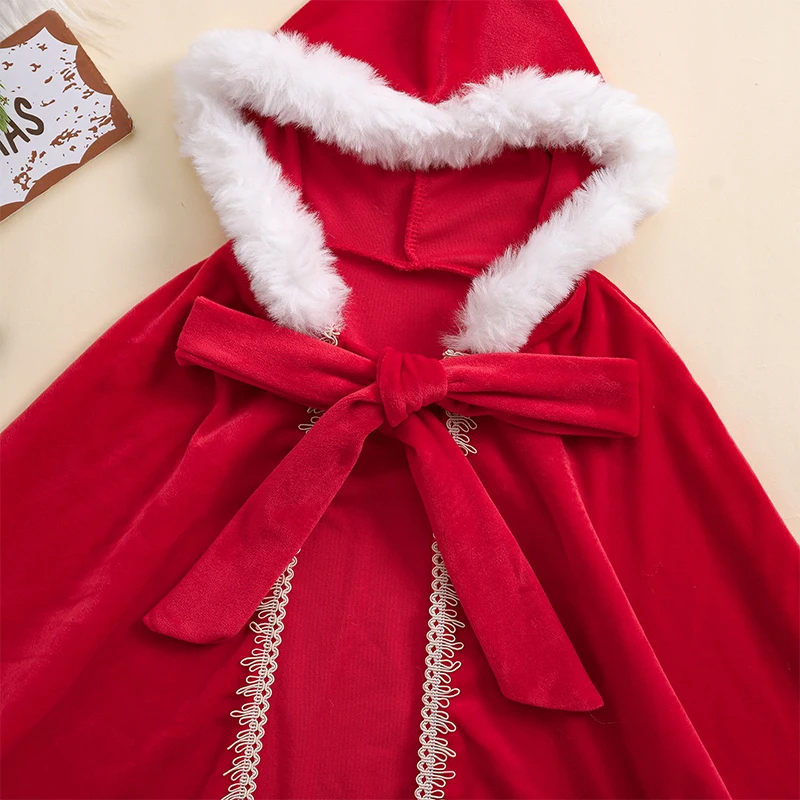 Girls Christmas Red Velvet Cloak Contrast Color Fuzzy Trim Hooded Cape Cosplay Costume 1-6T Pudcoco