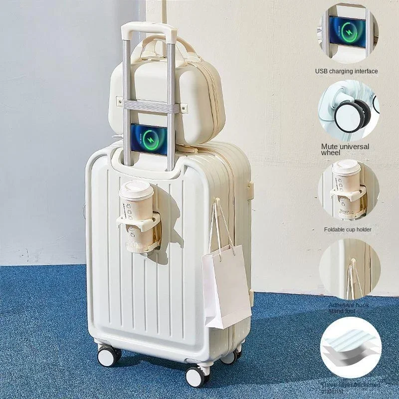 2024 New Combination Suitcase USB Charging Port with Cup Holder Large Capacity Trolley Case Travel Luggage Rugged Lockbox