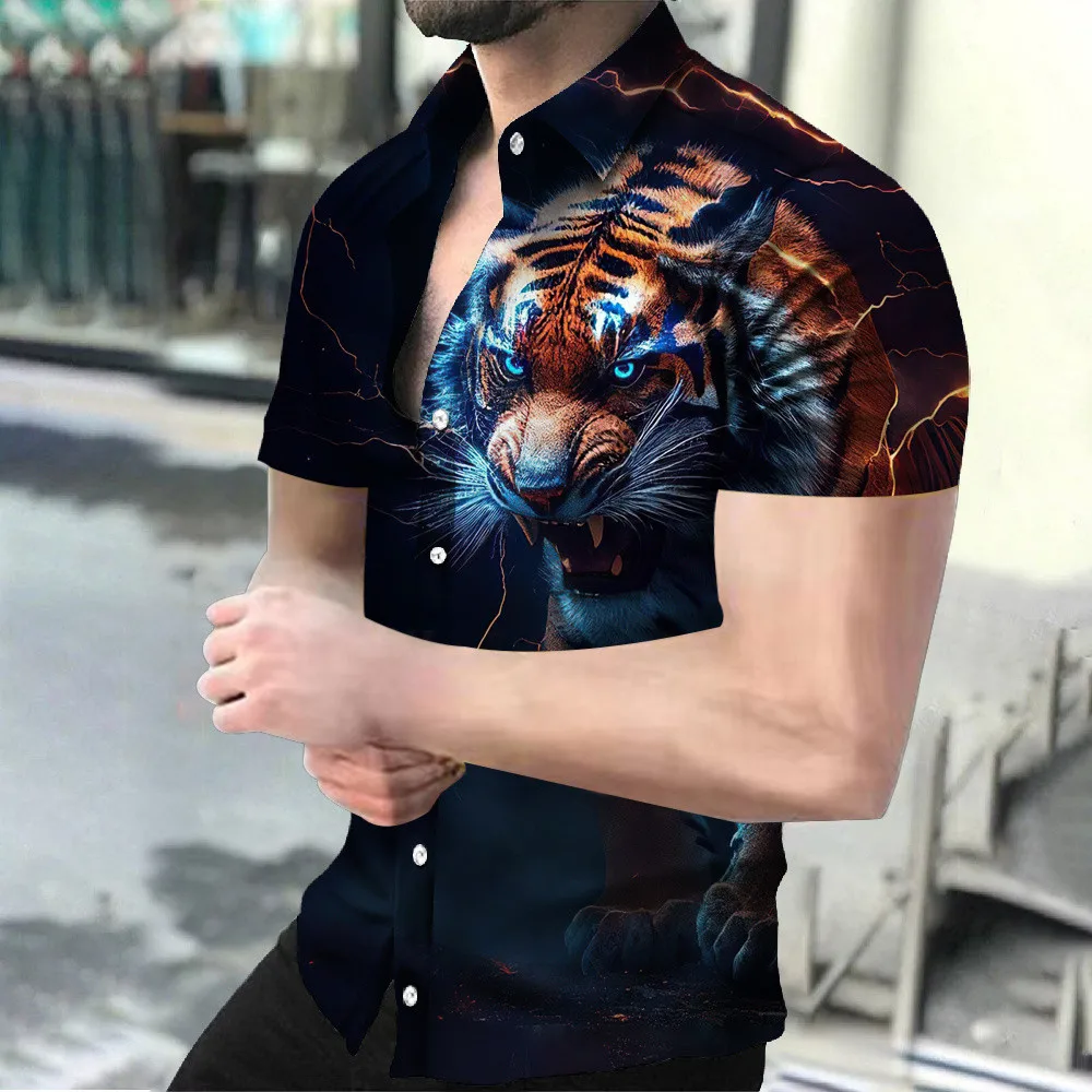 2023 Summer New Large Men's Round Neck Animal Tiger and Leopard 3D Printed Brand Shirt, Intense Fashion Trend