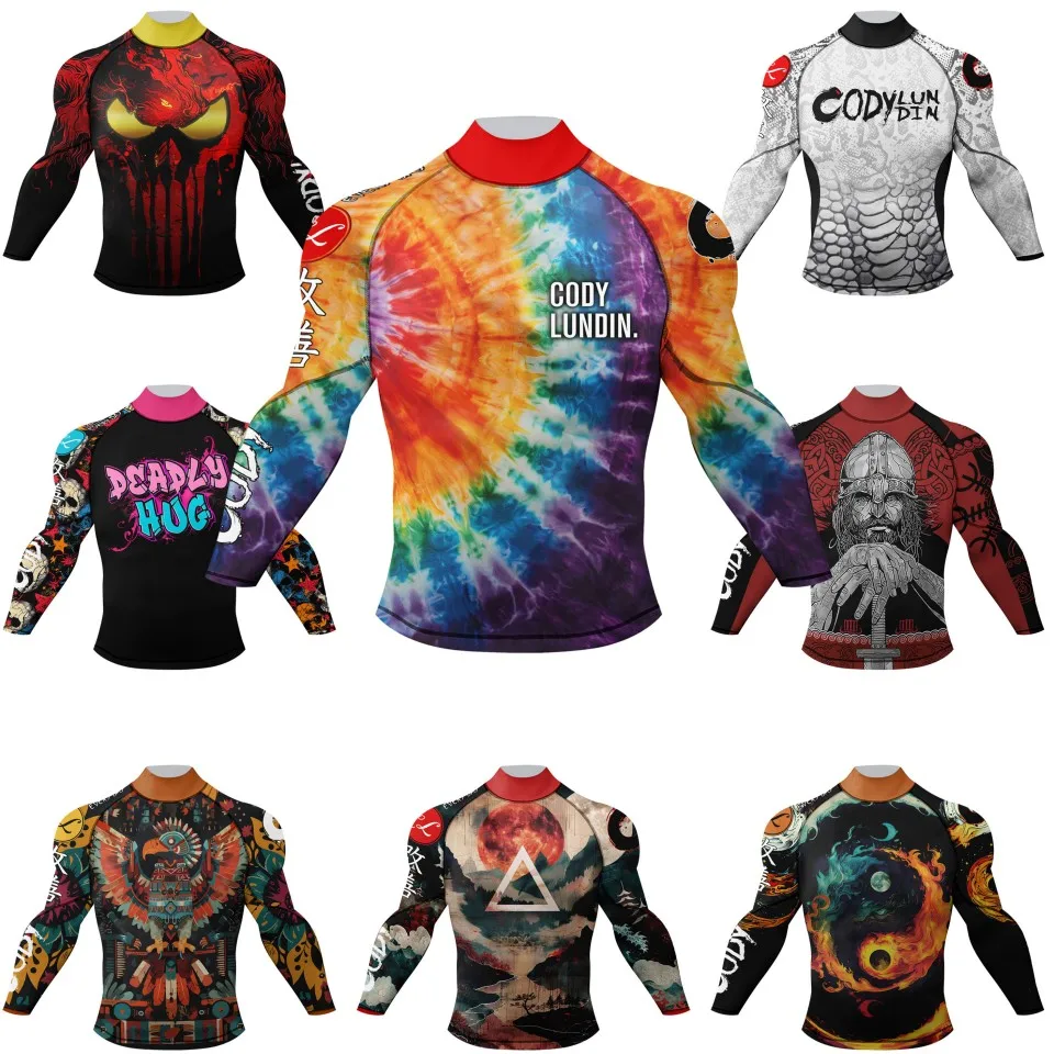 Men Mock Neck Boxing T-shirt Clothing Compression Shirts Rashguard With Elastic Waistband Sublimated Long Sleeve Surf Rash Guard