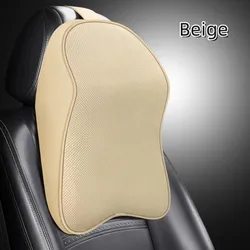 Deluxe 3D Nappa Leather Memory Foam Neck Support Pillow for Car & Travel Pain Relief (Beige)