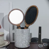 Luxury Rhinestone Airbag Hair Comb Wood Round Mirror Makeup Brush Storage Box Bathroom Organizer Box Pencil Holder Container 1