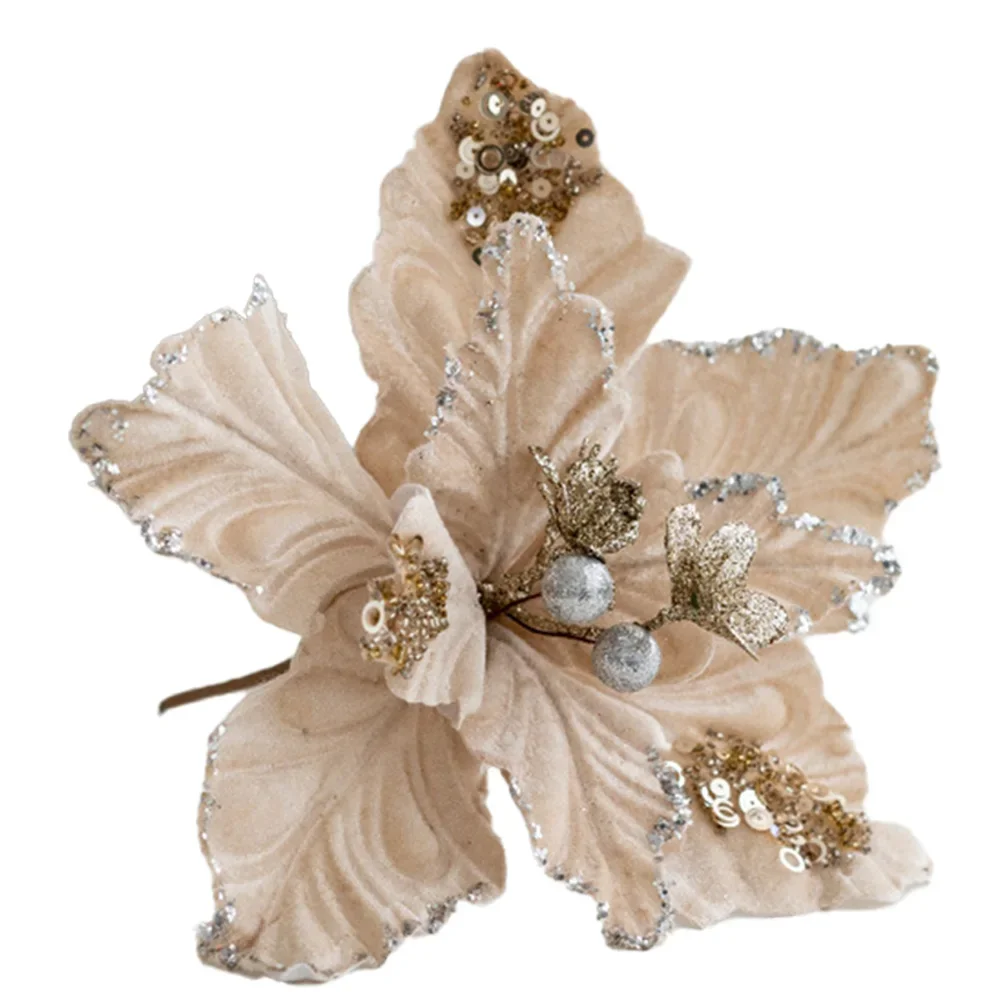Flor de Pascua navideña con purpurina, árbol de Navidad, flores rojas, blancas, rosas y verdes, cabeza de flor colgante, decoración navideña de Año Nuevo