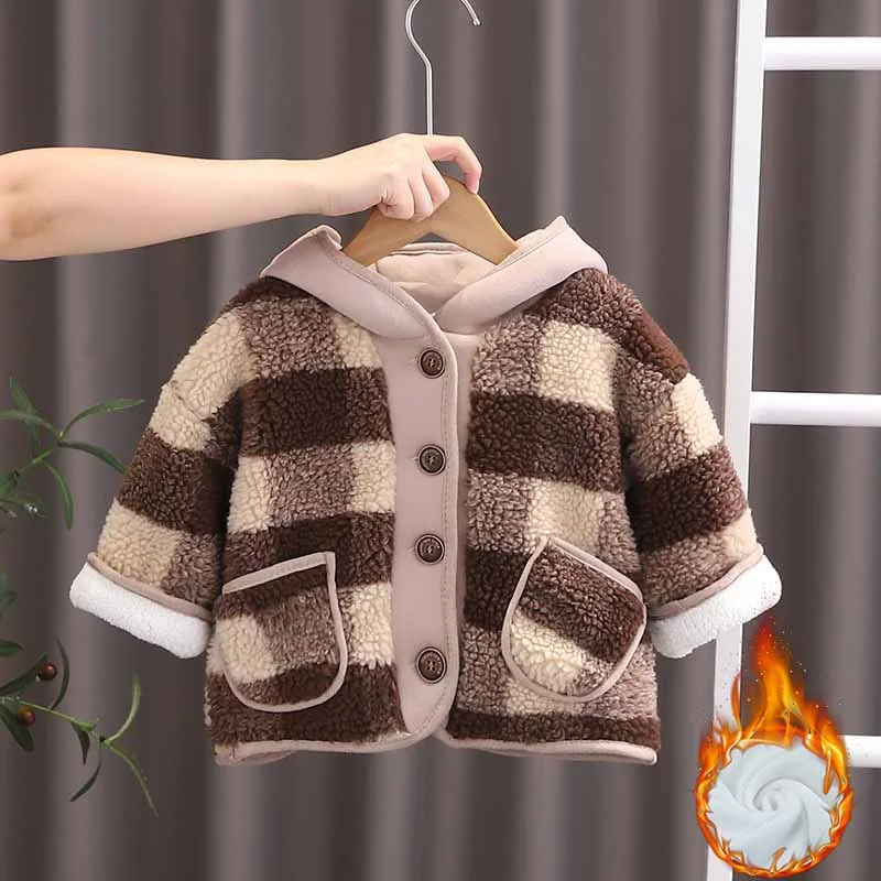 Children's Padded Coat Boys Plus Velvet Hooded Warm Jacket Girls Plush Plaid Outerwear Autumn and Winter New Casual Parka 12M-6Y