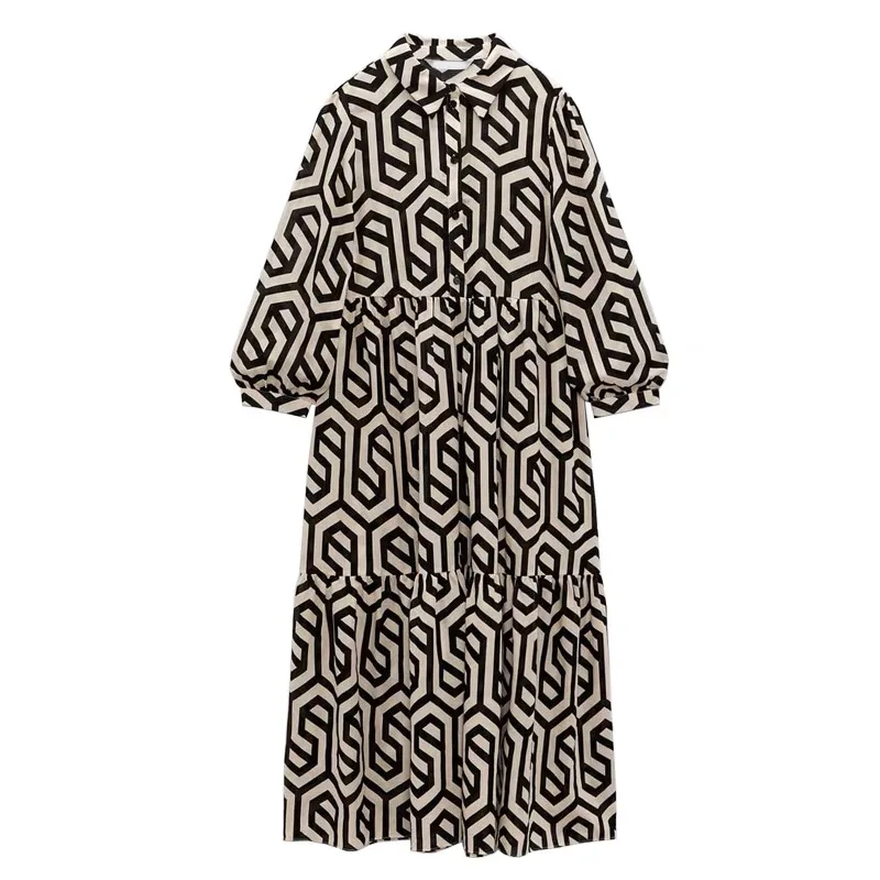 

Женское свободное платье-рубашка с принтом, элегантное черное или белое платье-трапеция с длинным рукавом, модель K1107 на весну и лето, 2024