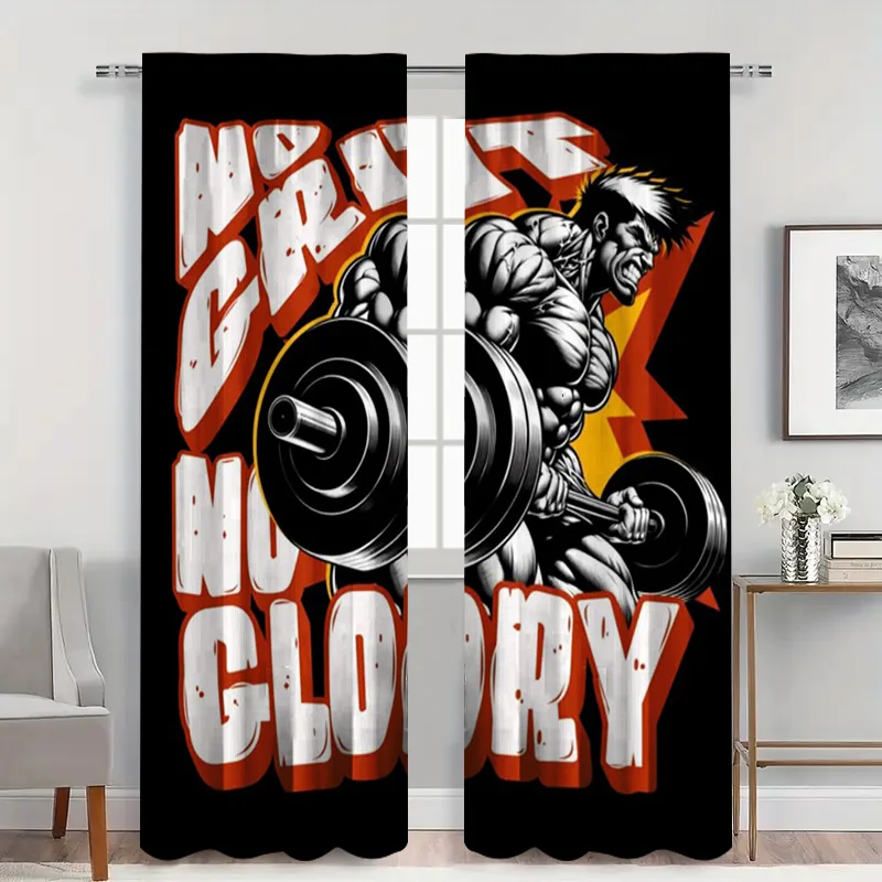 No Pain No Glory" Fitness Curtains - Motivational Gym Design, Perfect for Home Gyms & Bedrooms, Sporty 2