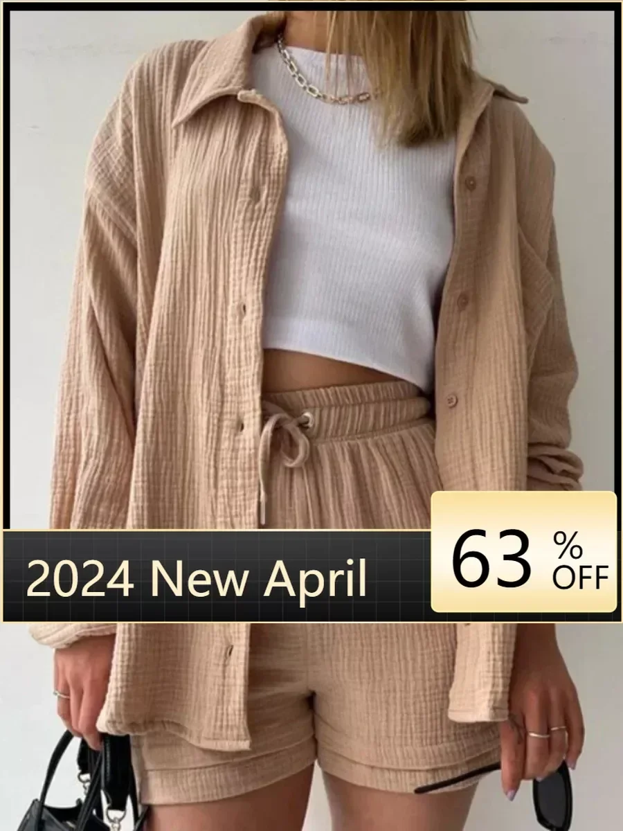 

Однотонный плиссированный комплект из двух предметов, Пижама для женщин, летний костюм из двух предметов, одежда для сна, короткие комплекты с длинным рукавом, Модный женский костюм