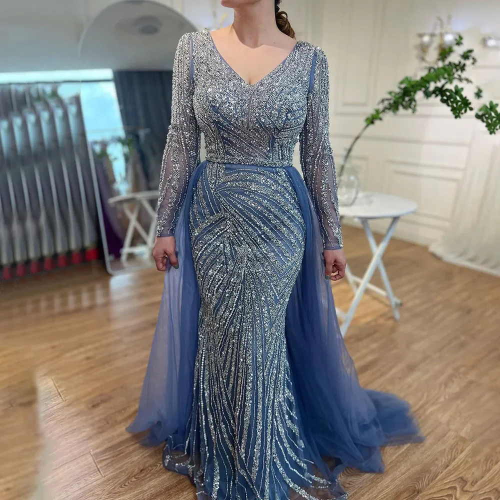 S04b6905e3dbb4ccaa3e0c3f22b999d9bn Dubai Mermaid Beaded Luxury Blue Muslim Evening Dresses Gowns with Detachable Skirt for Women Party Mallzona