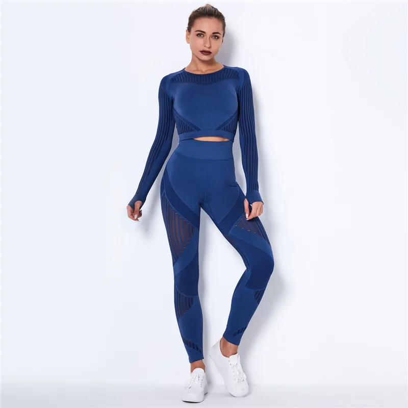 Seamless Active Wear Outfit Suit Hollow Out Fitness Clothes Set Long Sleeve Top And Leggings Set Woman Running Workout Clothes active woman blanche