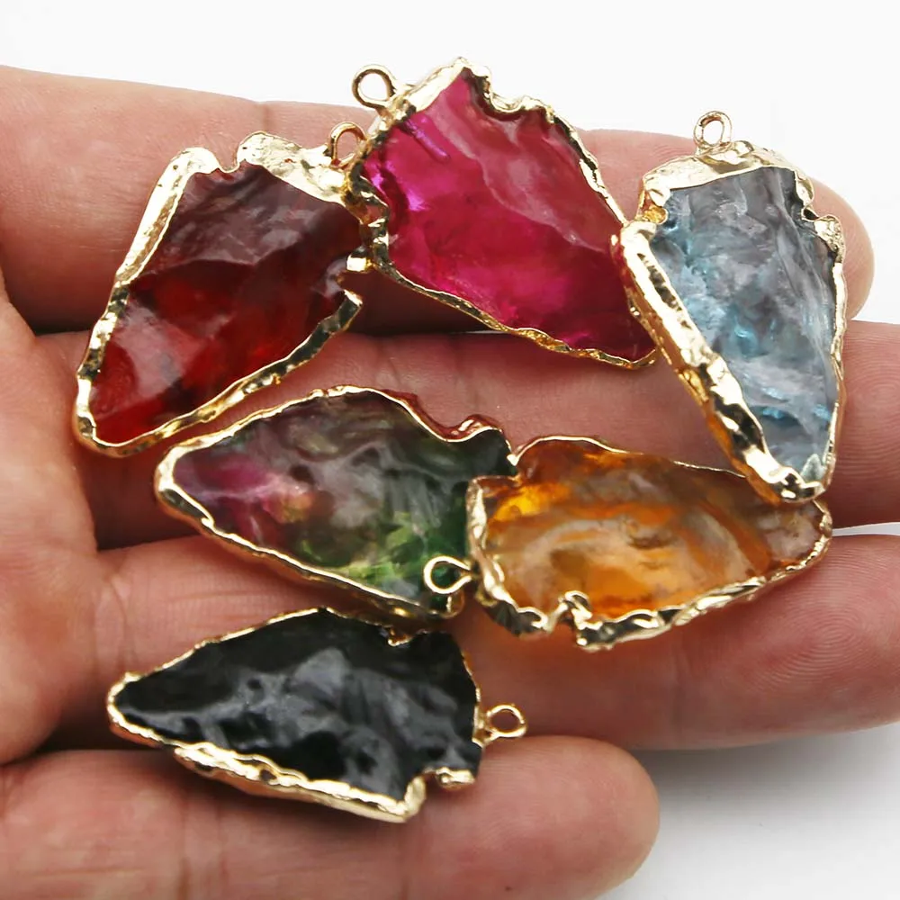 Natural Semiprecious Stone Crystal Glass Triangle Degree Gold Rim Necklace Pendant Charm Jewelry Accessories Gift Wholesale 8Pcs
