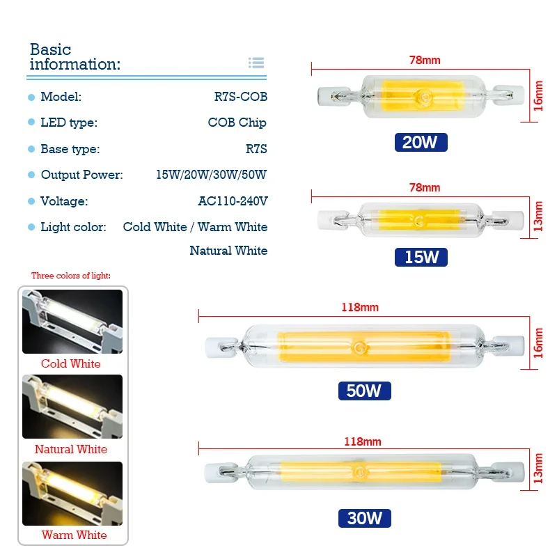 할로겐 라이트 스포트라이트 교체용 COB 램프, R7s LED 램프, AC110V, 220V, 78mm, 118mm, J78, J118, 1-6PCs