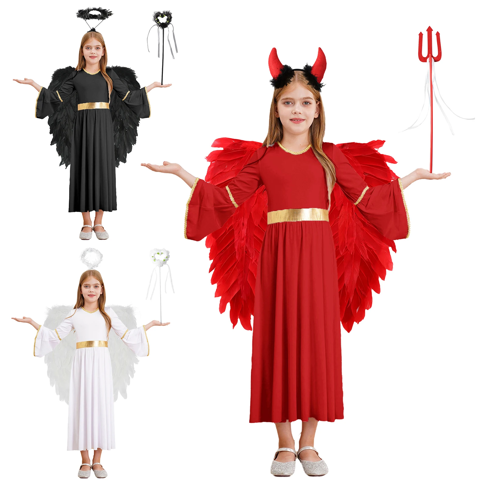 Funnysoft 3-Piece Angel Costume For Girls - White Fairy Dress With Feather Wings & Headband For Halloween, Cosplay