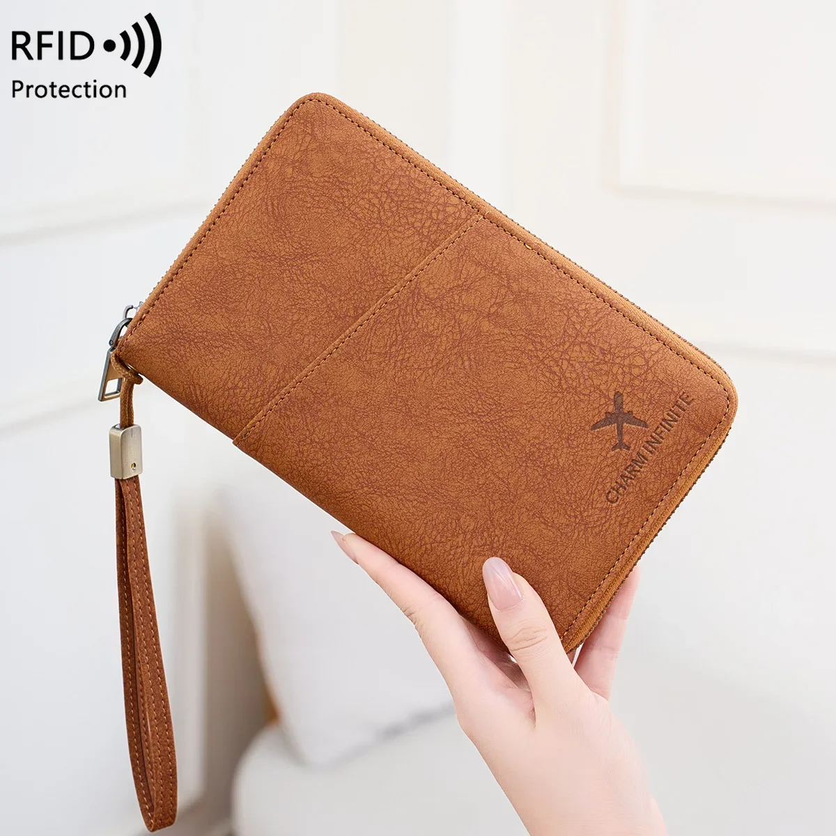 Borsa per passaporto con blocco RFID con porta documenti da viaggio con cerniera lunga Portafoglio multifunzionale per riporre biglietti per passaporti multipli